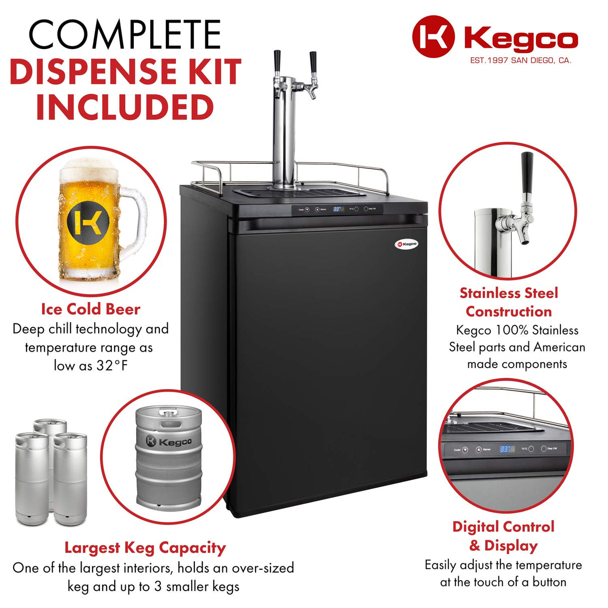 Kegco K309B-1 Kegerator Black, 2 Faucet Kegco