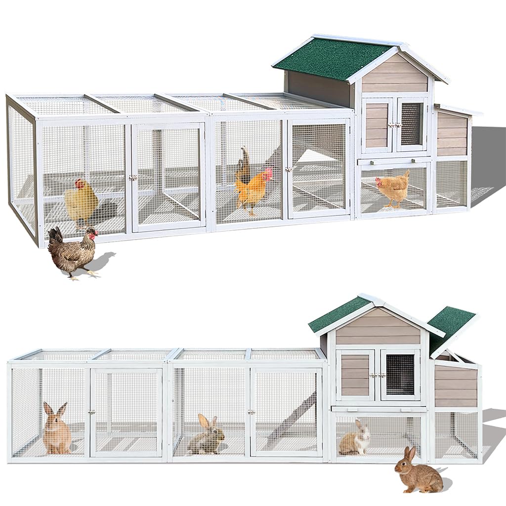 122in Chicken Coop Large Outdoor Solid Wood Rabbit Hutch Poultry House with Run, Nesting Box & Leakproof Pull-on Tray, Weatherproof Chicken Run Cage Hen House for Small Animals Rabbit Duck