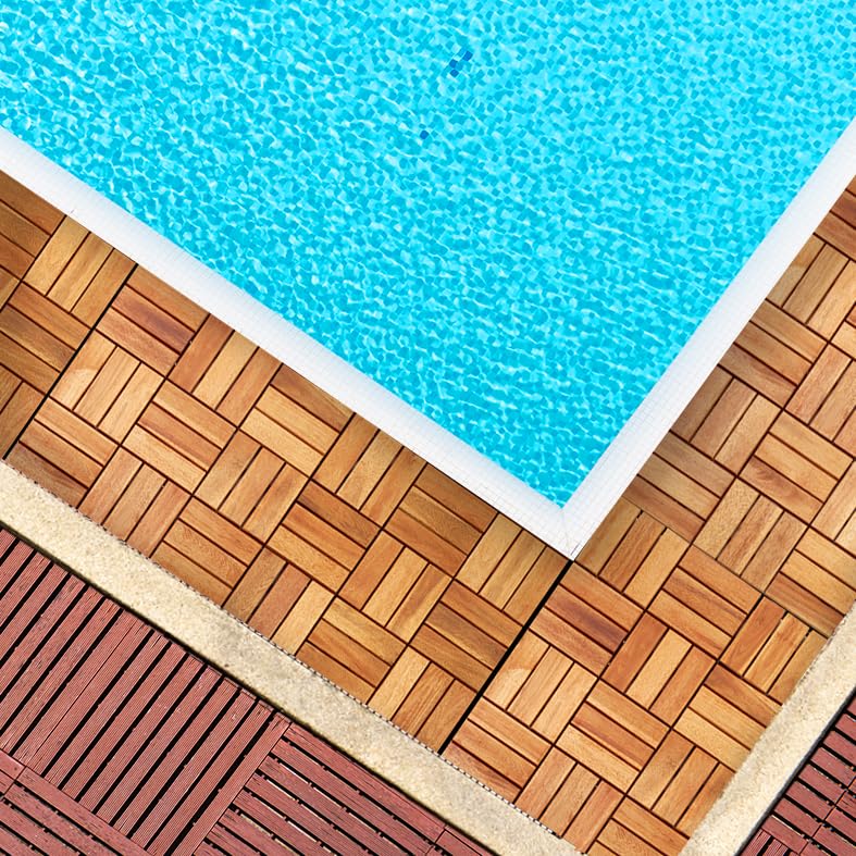 Solid Wood Interlocking Flooring Tiles (Pack of 10, 12" x 12"). Solid Wood Acacia Deck Tiles Interlocking Outdoor, Patio Tiles Outdoor Interlocking Waterproof All Weather 12" x 12" RAKYTO