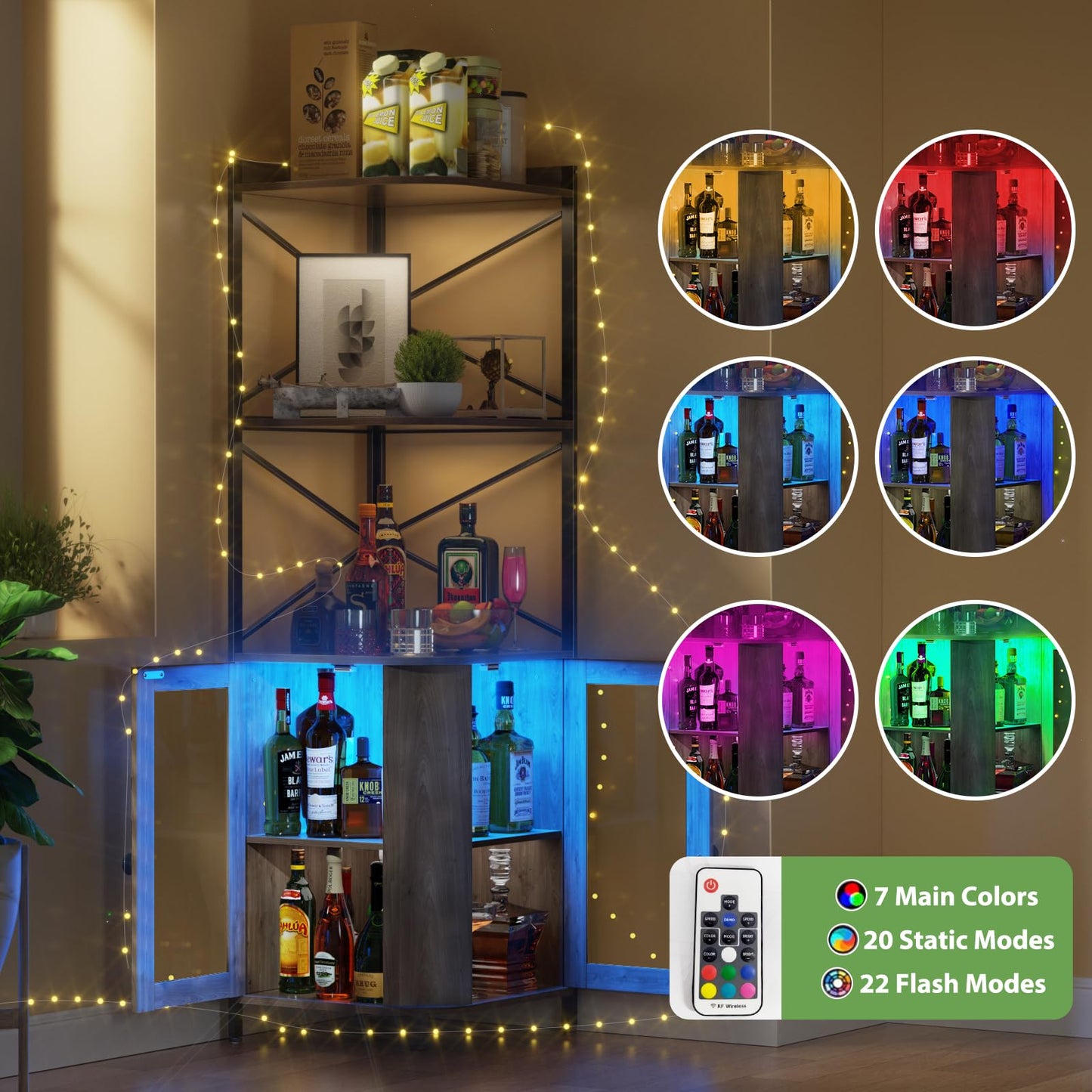 SEPTBOT Corner Bar Cabinet, Liquor Cabinet with RGB LED Light, 5 Tier Corner Cabinet with Adjustable Shelf for Mini Bar, Living Room, Home, Small Space