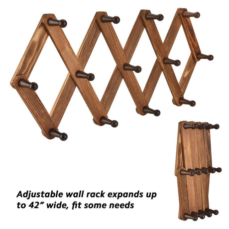 Homode Vintage Wood Expandable Peg Rack- Multi-Purpose Accordion Wall Hangers with 13 Hooks for Hats, Coat, Mugs, Scarf, Jewelry Storage Homode