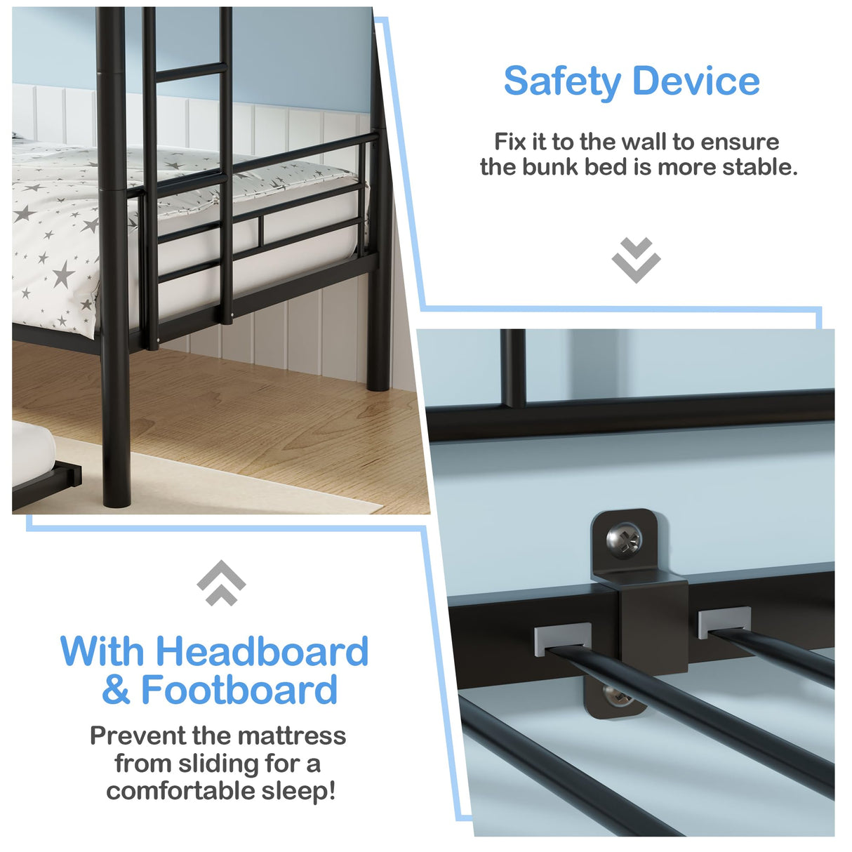 VECELO Twin Over Twin Bunk Bed with Trundle, Metal Bunkbeds with Ladder and Full-Length Guardrail, Noise Free, No Box Spring Needed, Black VECELO