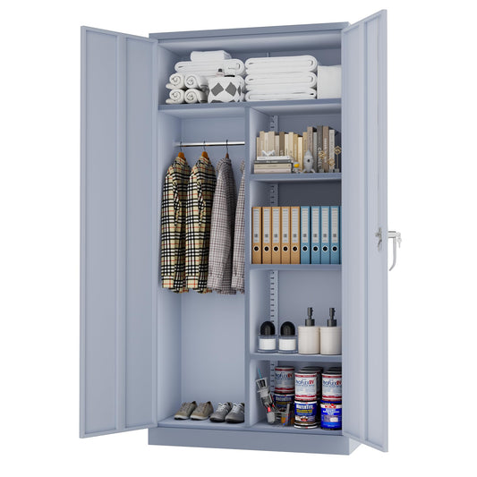 INTERGREAT Metal Storage Cabinet with Locking Doors, 72" Tall Wardrobe Closet with Lock and Hanging Rod, Steel Storage Locker Closet with 4 Shelves for Home Office, Garage, Cement Grey - WoodArtSupply