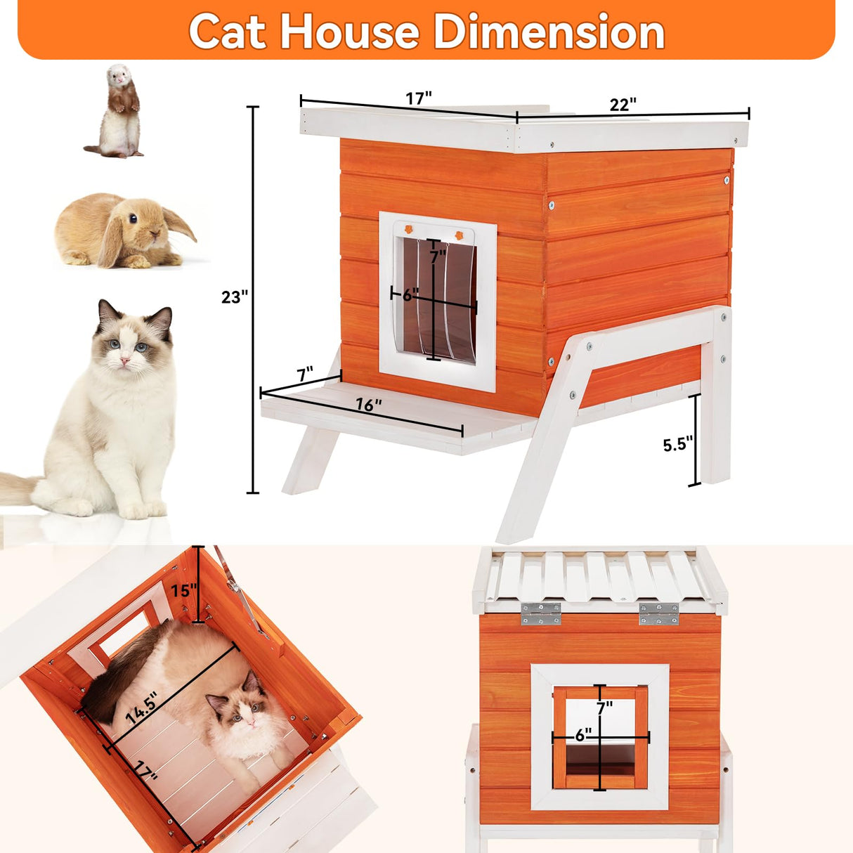Petsfit Cat House Outdoor, Insulated High Feet + Feeding Station +Door Curtain, Wood Outside Cat House, Bunny Rabbit Hutch Orange Petsfit