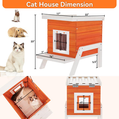 Petsfit Cat House Outdoor, Insulated High Feet + Feeding Station +Door Curtain, Wood Outside Cat House, Bunny Rabbit Hutch Orange - WoodArtSupply