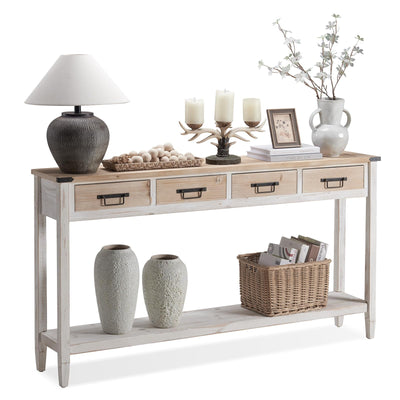 RUSTOWN Farmhouse Console Table with 4 Drawer, 60" Long Rustic Entryway Table with Open Storage Shelves and Handmade Metal Handle, Narrow Foyer Sofa Table for Living Room, Entryway, Hallway(White)