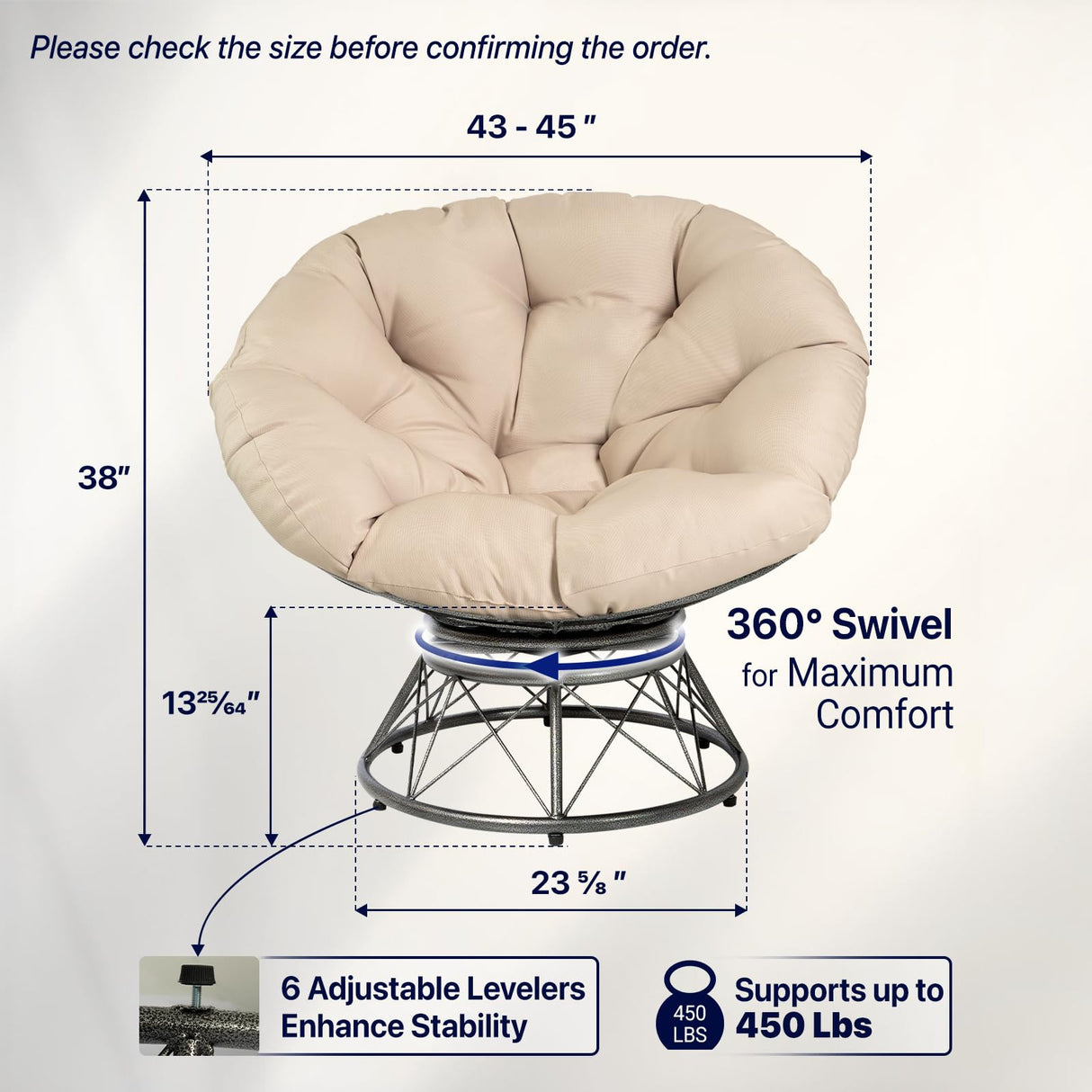 HomeVie 45'' Oversized Swivel Papasan Chair with Cushion and Frame – 7'' Thick Padded Seat + 1.75'' Support Pad, 450 lbs Capacity – Rotating Papasan Chair Frame – Suitable for Bedroom, or Reading Nook HomeVie