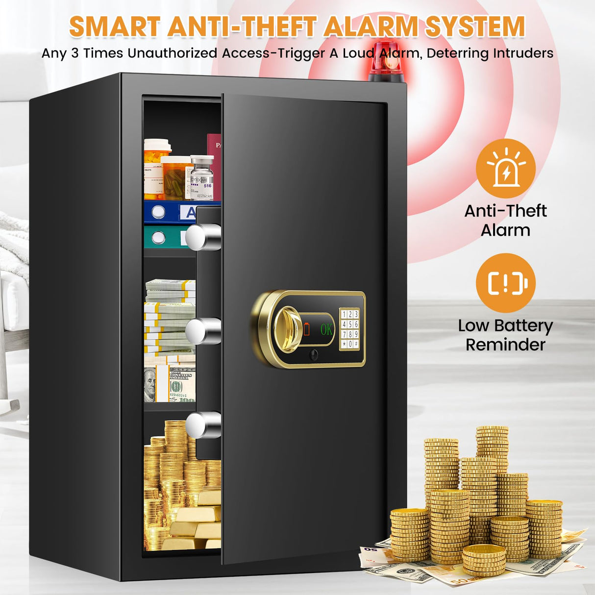 4.0 Cu ft Large Safes for Home Use Fire and Water Proof, Digital Security Fireproof Safe with Combination and Key, 2 Removable Shelves, Anti-Theft Home Safe Box for Document Money Valuables Pisleto