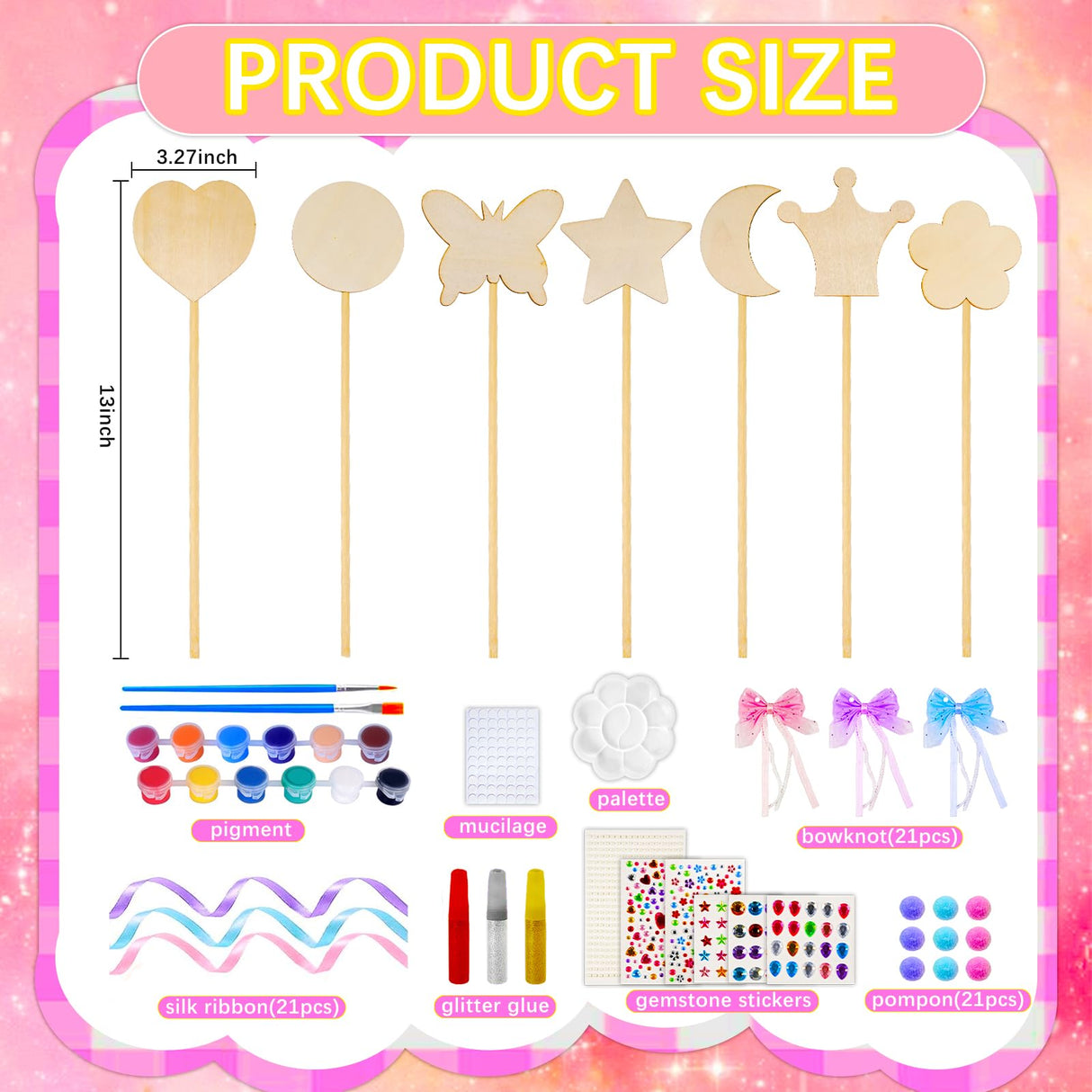 21 Sets Princess Fairy Wands Kit, Make Your Own Magical Wand Include Unfinished Wooden Fairy Wands Bow Gem Stickers Ribbons Paint for Decorate Art DIY Magical Show Party Supplies Princess Cosplay X Hot Popcorn