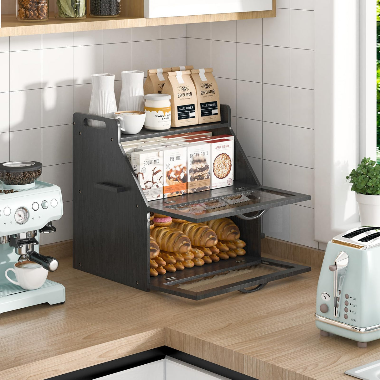 Bread Box, Bread Box for Kitchen Countertop, Large Bread Storage Container for Homemade Bread, Wooden Farmhouse Breadbox Organizers, Double Layer Bread Bin with Acrylic Window Bread Holder,Black TQQDCI