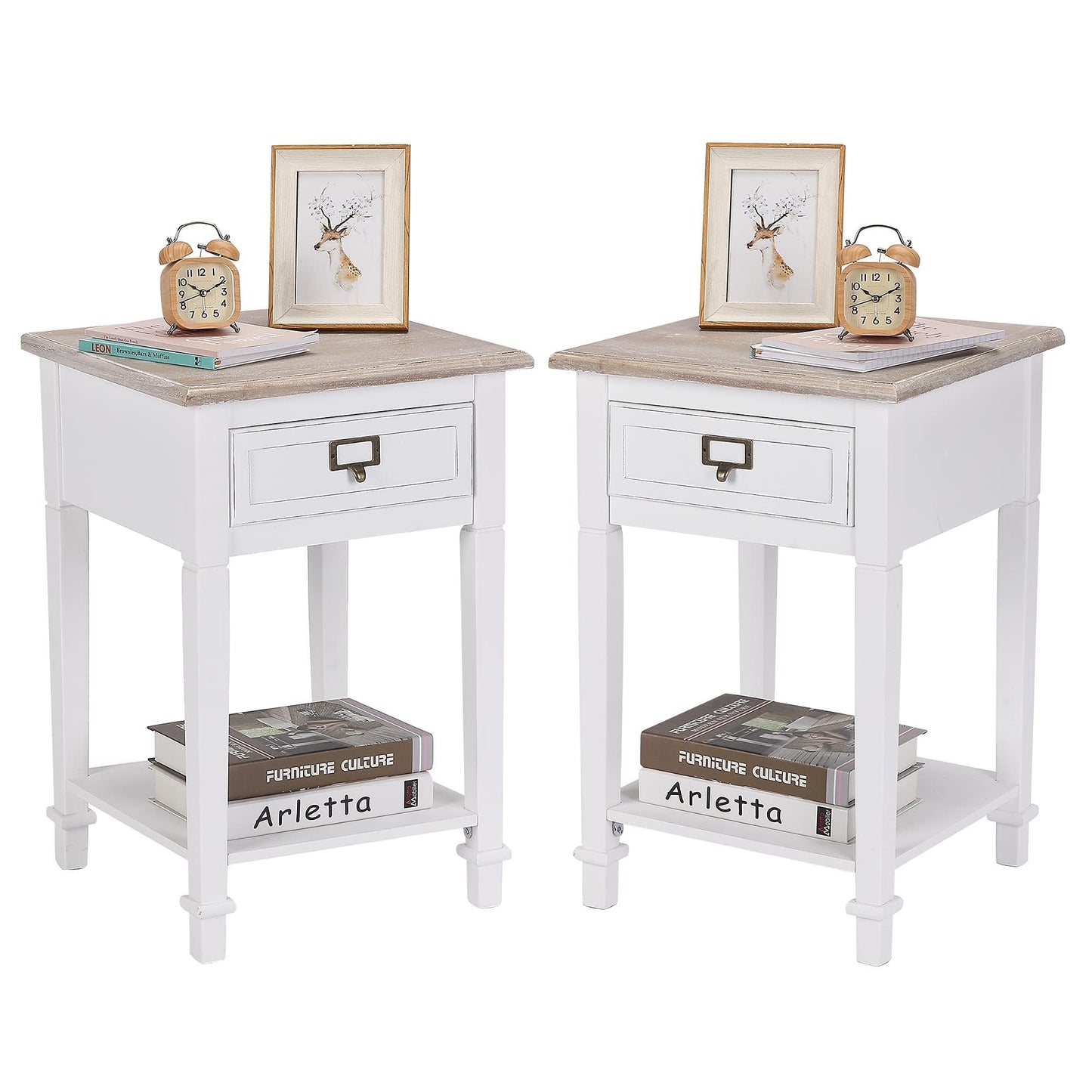 Wnutrees Rustic Farmhouse Accent End Table, Nightstand Side Tables with Drawers and Open Storage Shelf for Living Room Bedroom, Wooden Top, Handcrafted Finish, Set of 2, White