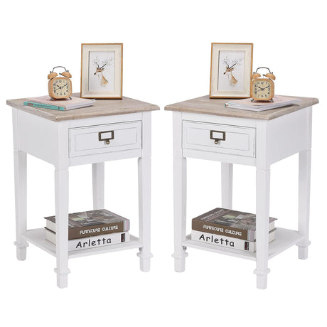 Wnutrees Rustic Farmhouse Accent End Table, Nightstand Side Tables with Drawers and Open Storage Shelf for Living Room Bedroom, Wooden Top, Handcrafted Finish, Set of 2, White Wnutrees