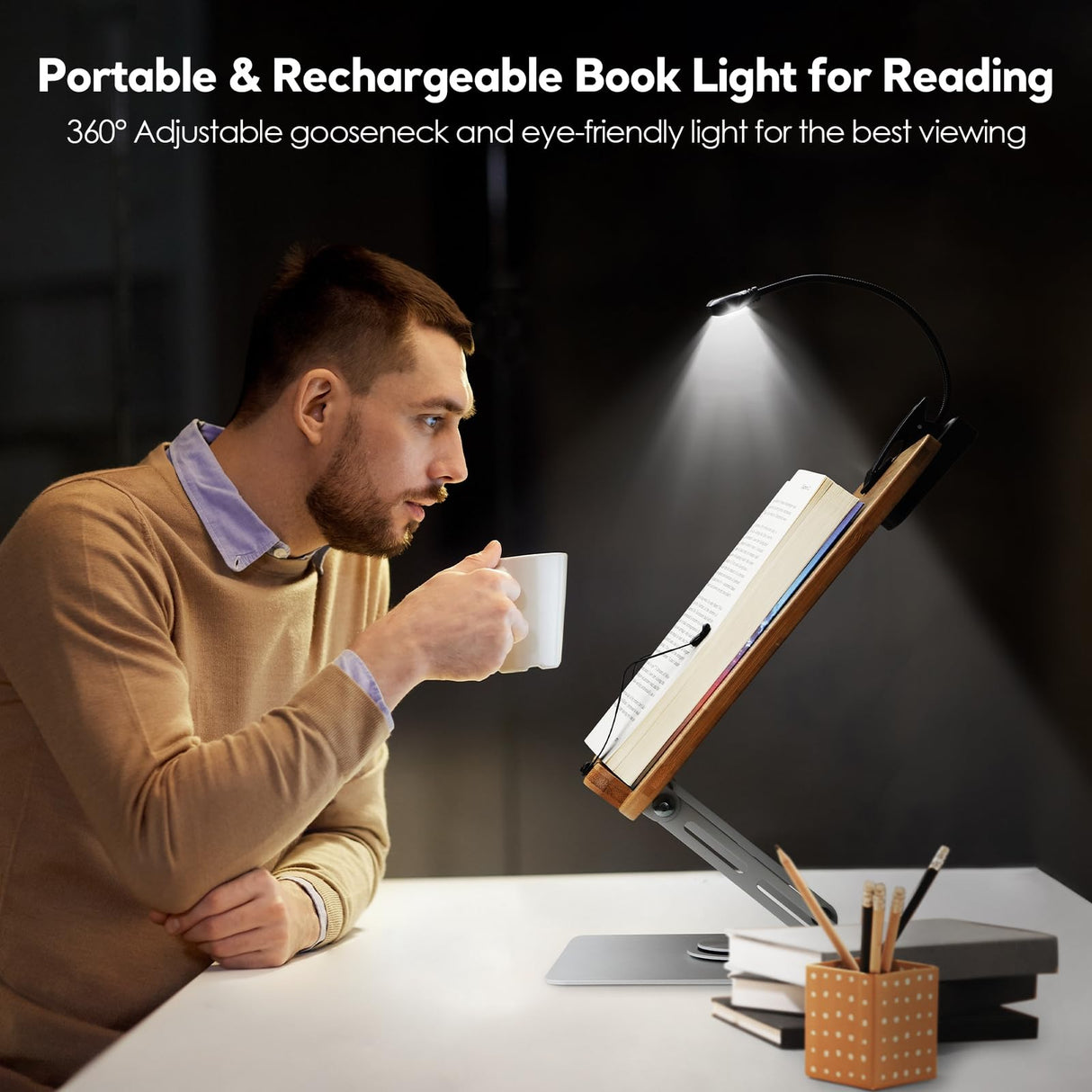 Book Stand for Reading Large Book Holder with 360° Rotating Base, 15.4"x11" Cookbook Stand Desktop Holder with Book Light, Foldable Desktop Stand for Textbook, Recipe, Laptop, Sheet Music FLINKYE