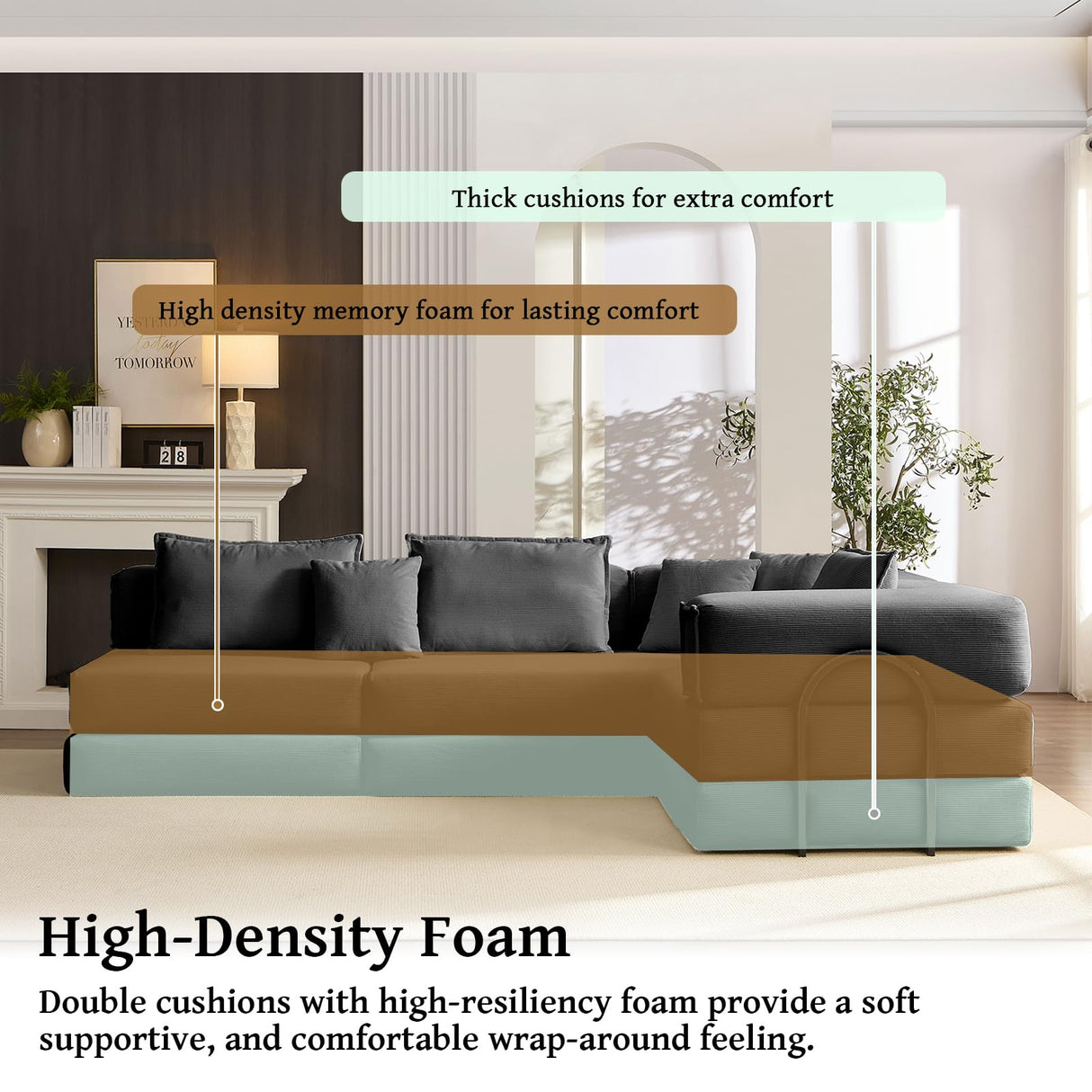 Boneless Sectional Couches for Living Room Furniture, 6-in-1 Convertible Oversized Sofa Bed, L Shaped Cloud Sectional Couch, Corduroy Upholstered Deep Seat Sofa, No Assembly (Black) SCZMWJ