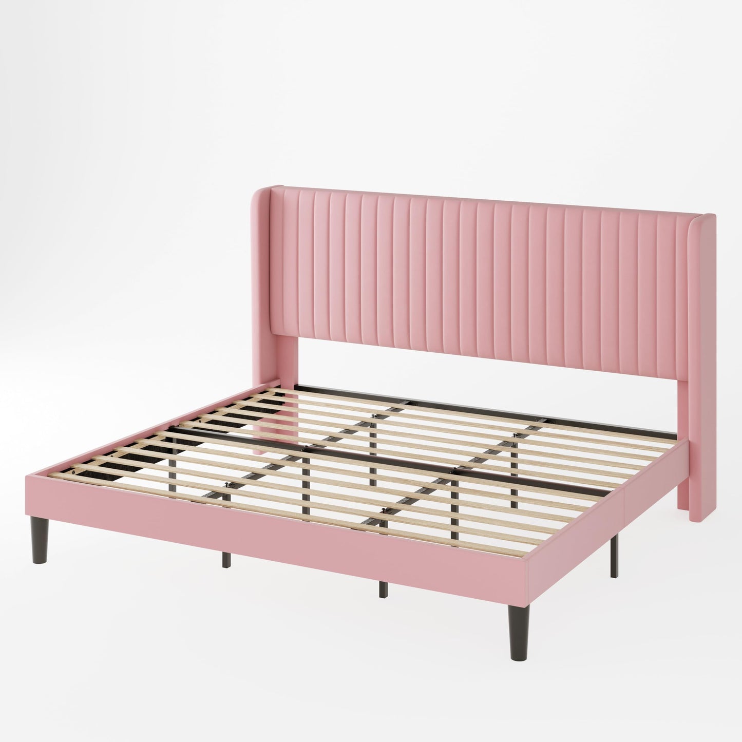 Allewie King Size Velvet Bed Frame/Vertical Channel Tufted Wingback Headboard/Upholstered Platform Bed/Strong Wooden Slats/No Box Spring Needed/Easy Assembly/Pink