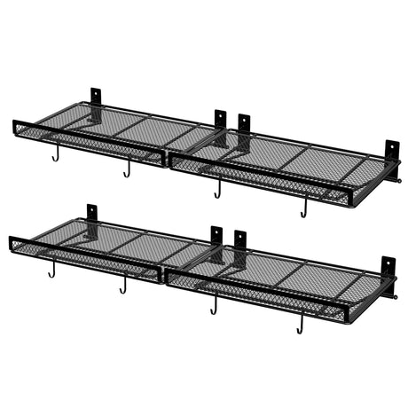 BABKAS 4 Pack Garage Wall Shelving, Metal Garage Wall Shelf with 8 Hooks, Heavy Duty Wall Shelves Mounted for Garage Storage, Laundry Room, Closet and Kitchen | Holds Up to 80 Lbs | 16.5" x 12.2" BABKAS
