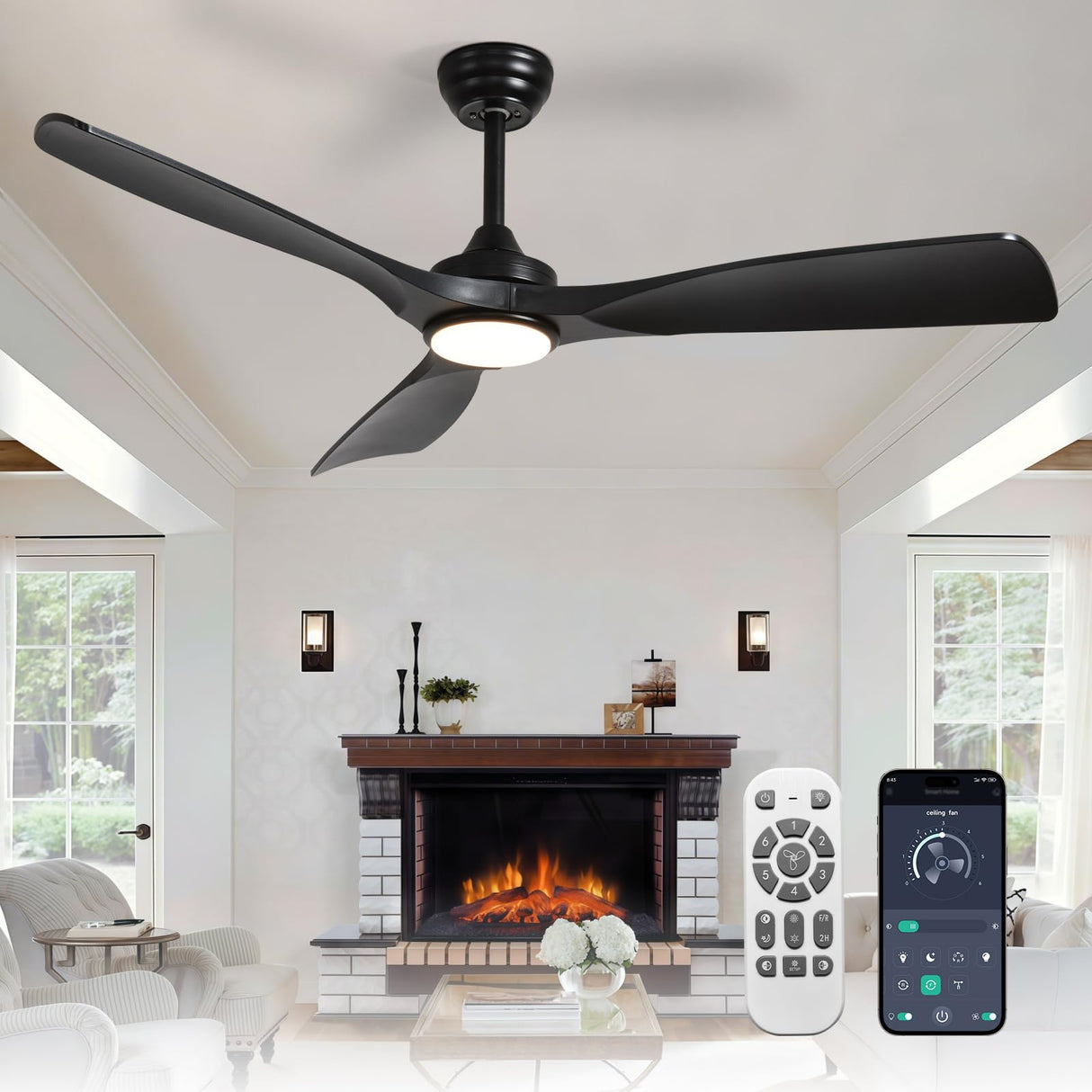 Depuley 52-Inch Ceiling Fan with Light: Black 3 Blade Outdoor Fans for Patios - Dimmable Indoor Fan with Remote APP Control Ultra Quiet DC Motor Reversible 6 Speed Timer Depuley