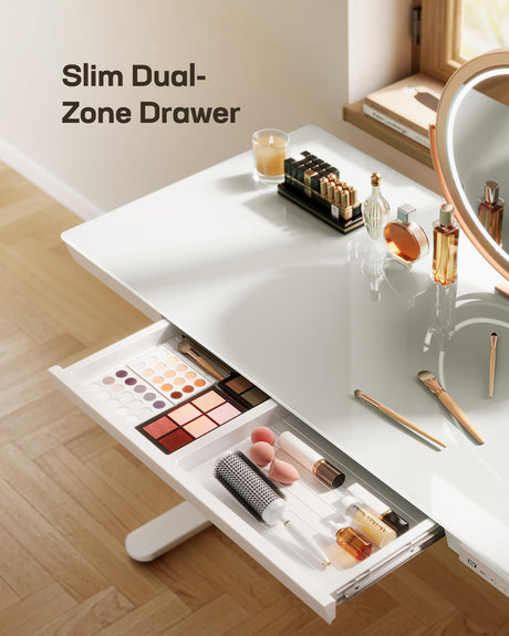 Marsail Glass Standing Desk with Drawer, 48 x 24 inch Electric Standing Desk, Height Adjustable Desk with One-Piece Tabletop & USB Charging Ports, Sit Stand Desk with Storage for Home & Office White Marsail