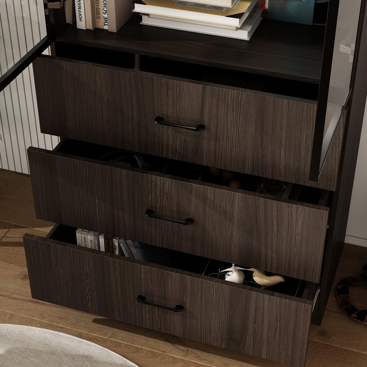 FAMAPY Display Cabinet with Glass Doors & Lights, Display Case with 3-Tier Shelves & 3 Drawers, for Curio Trophy Living Room Home Office, Brown, 15.7”D x 31.5”W x 78.7”H FAMAPY