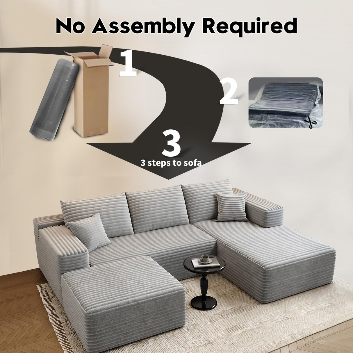 107.5" Cloud Modular Sectional Couch with 1 Ottoman,Modern Minimalist Upholstered Couches, Comfort U Shaped Sofa for Living Room,Deep Seat Corner Couch，No Assembly Required (Grey,Right Facing Chaise) Settab