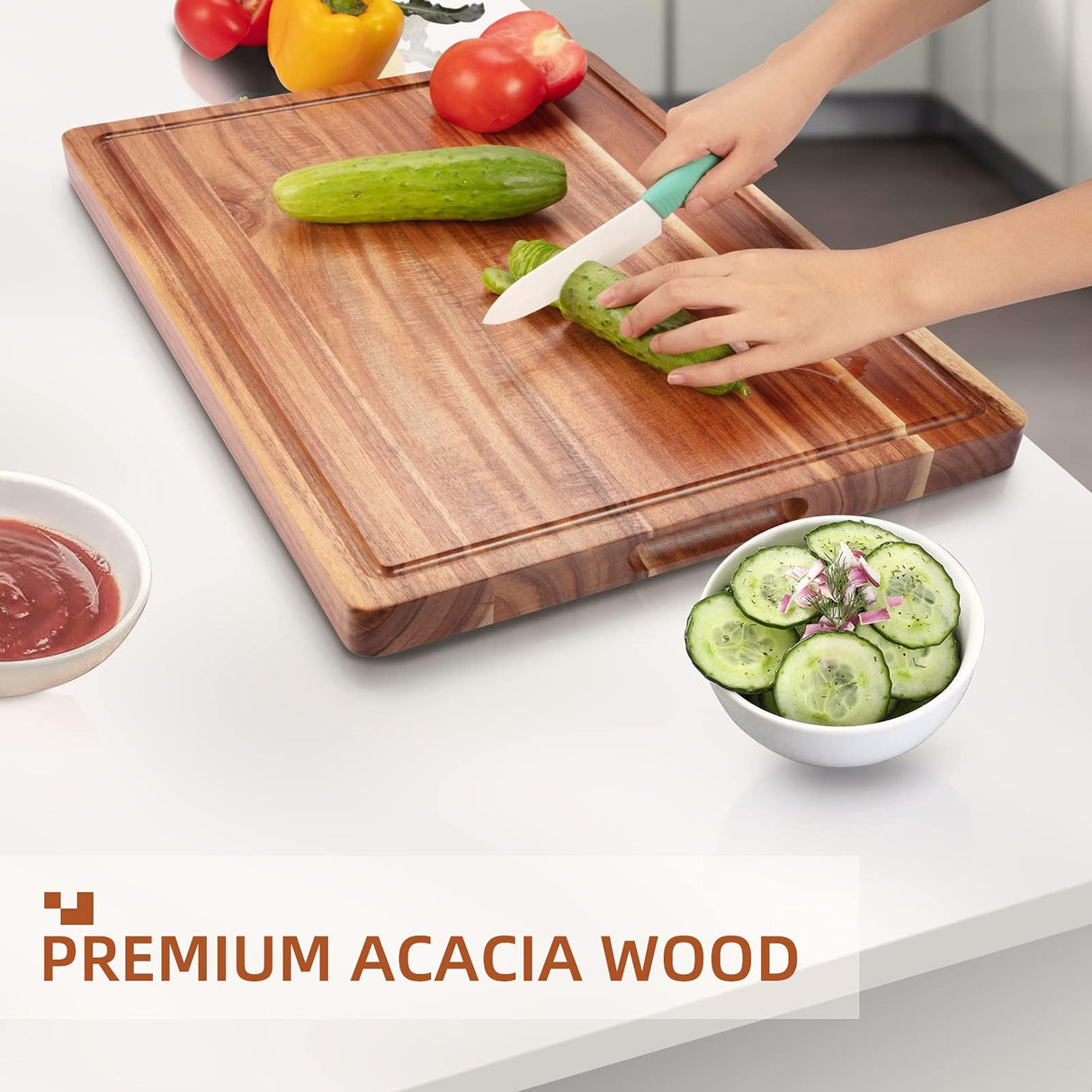 GAOMON Acacia Extra Large Wood Cutting Board, 1.2 Inches Thick Butcher Block, Reversible Wooden Kitchen Block, over Stove Cutting Board, with Side Handles and Juice Grooves, 24 x 18 Inch GAOMON