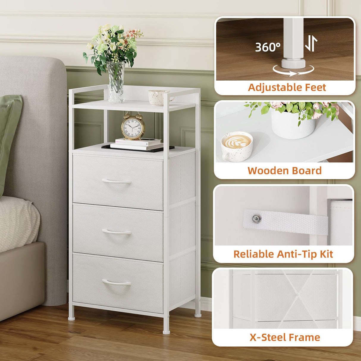 Somdot Nightstand with 3 Drawers, Dresser with Fabric Bins for Bedroom, Hallway, Entryway, Nightstand Bedside Table Furniture, Sturdy Steel Frame, Wooden Top, Easy Pull Fabric Bins, White Leather Somdot