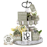 Two Tiered Tray with 11 Pcs Wooden Signs, Farmhouse Tiered Tray Decor Set Rustic Wood Home Kitchen Table Stand Decor Decorative Table Shelf Centerpiece(Stylish Style) Patelai