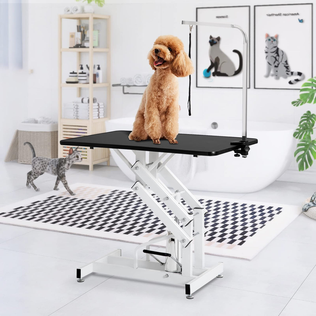 JETEAGO 42.5” Pet Dog Hydraulic Grooming Table Adjustable Height Trimming Drying Table with Arms, Noose for Small/Medium/Large Dogs, Cats, Maximum Capacity Up to 360lbs JETEAGO