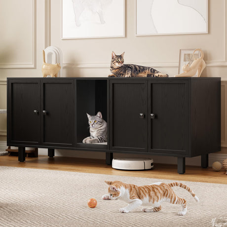 ONBRILL 59 Inches Cat Litter Box Enclosure for 2 Cats, Hidden Litter Boxes Furniture with Cat Scratch Pad, Large Indoor Pet House with Double Room, Wooden TV Stand Side Table, Black ONBRILL