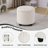 Furniliving Upholstered Button Tufted Round Ottoman, PU Storage Ottoman Round, Removable Lid Convenient Footstools, Classic Ottoman with Storage for Vanity, Nursery Room，IvoryWhite Furniliving