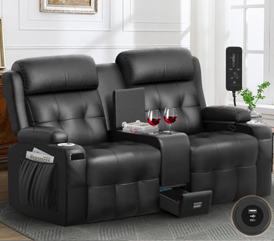 Reclining Loveseat, Massage Loveseat Recliner Sofa Heavy Weight Capacity, RV Love Seat Chair Clearance with Console, USB, Type C Port, Storage, Cup Holders, Wall Hugger Couch (Black, Loveseat)