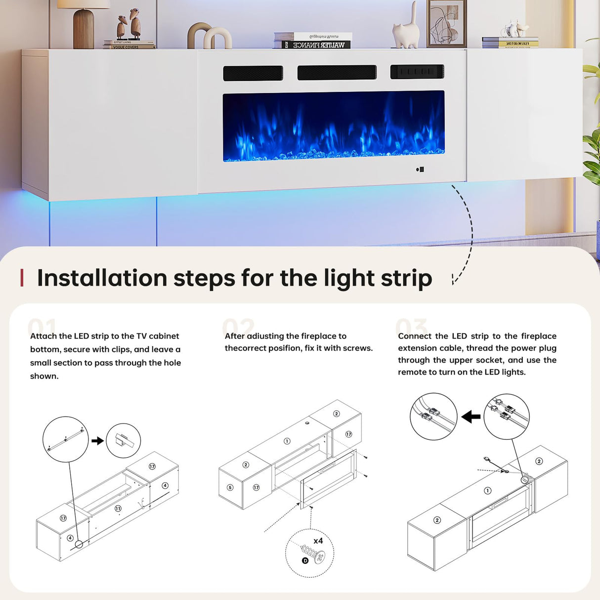 oneinmil 70" Floating Fireplace TV Stand with 36" Electric Fireplace, Wall Mounted Floating Entertainment Center with Storage, TV Console with Fireplace, Floating TV Cabinet, All White oneinmil
