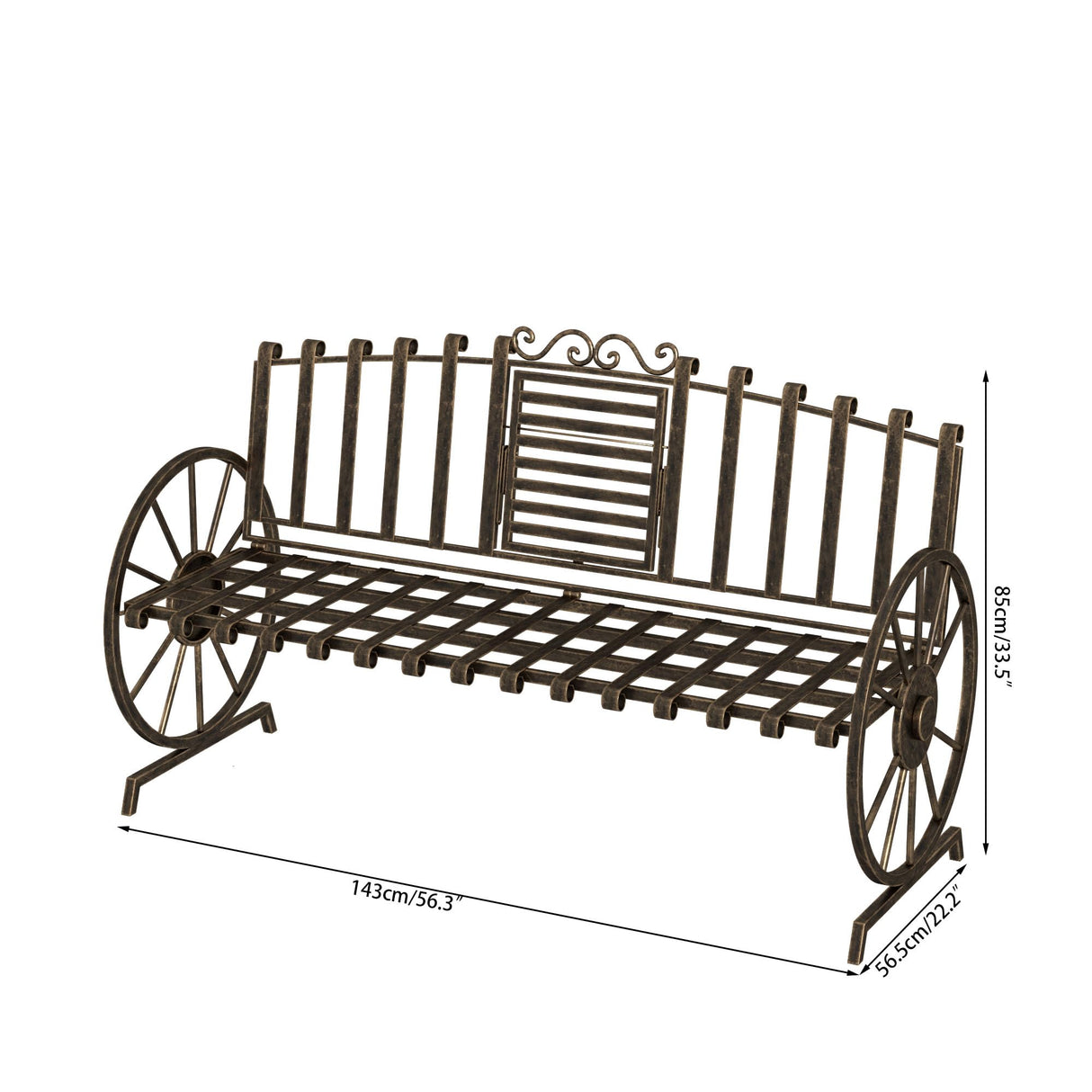 Outdoor Bench Patio Outdoor Garden Bench with Built-in Table, Wagon Wheel Arms, 3 People Outdoor Bench Garden Bench Front Porch Furniture Patio Lawn Yard Park (Bronze) Boweniog