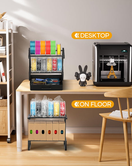 2-Tier Desktop Filament Storage Rack with Fabric Drawer - 3D Printer Filament Spools Holder Shelf for PLA/ABS/TPU Filaments, Tabletop Organizer for Home Office, Workshop Studio (Black Single Row) Rackgolfic