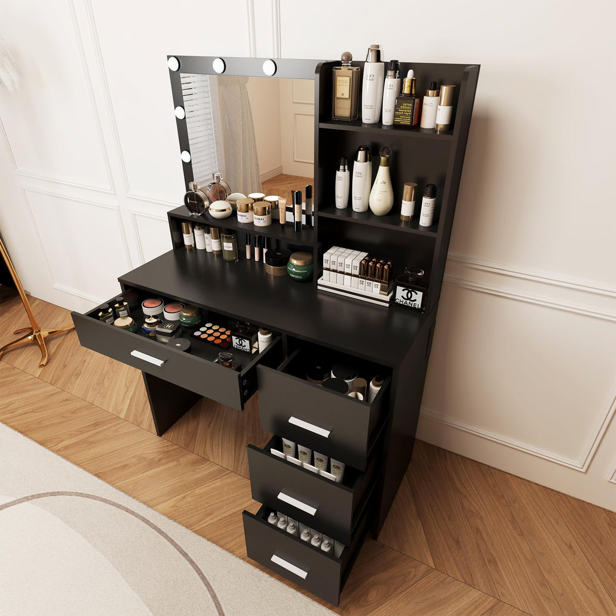 DINGIPP Makeup Vanity Desk with Lighted Mirror and Charging Station, Makeup Table with 4 Drawers & Storage Shelves, Vanity Desk 3 Color Modes Available, Bedroom Dressing Table for Women, girls (Black) DINGIPP