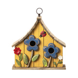 Glitzhome 10.75" L Distressed Solid Wood Hanging Birdhouse with 3D Flowers Rustic Two-Story Townhouse Hand-Painted Garden Bird Houses for Outdoors,Washed Yellow Glitzhome