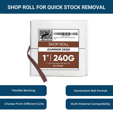 Benchmark Abrasives 1” X 150’ Shop Roll Emery Cloth Sandpaper Roll, Aluminum Oxide Sand Paper for Wood Furniture, Metal Polishing, Sanding, Automotive, Plumbing, Finishing - 240 Grit Benchmark Abrasives