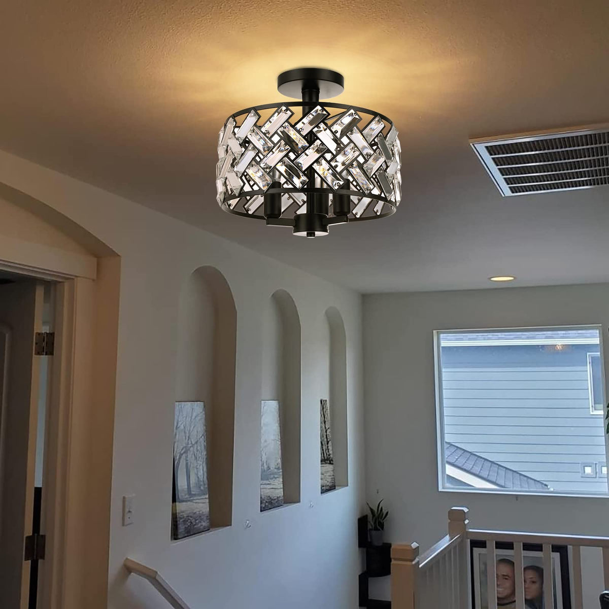 Frideko Home Semi Flush Mount 3-Light Crystal Ceiling Light - Black Kitchen, Bedroom, Hallway, Living Room, Dining Room Light Fixture FRIDEKO HOME