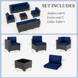 Gotland 9 Pieces Patio Furniture Set Outdoor Sectional Wicker Furniture All-Weather PE Rattan Patio Conversation Sets w/8 Replaceable Navy Waterproof Cushions and 1 Coffee Table Gotland