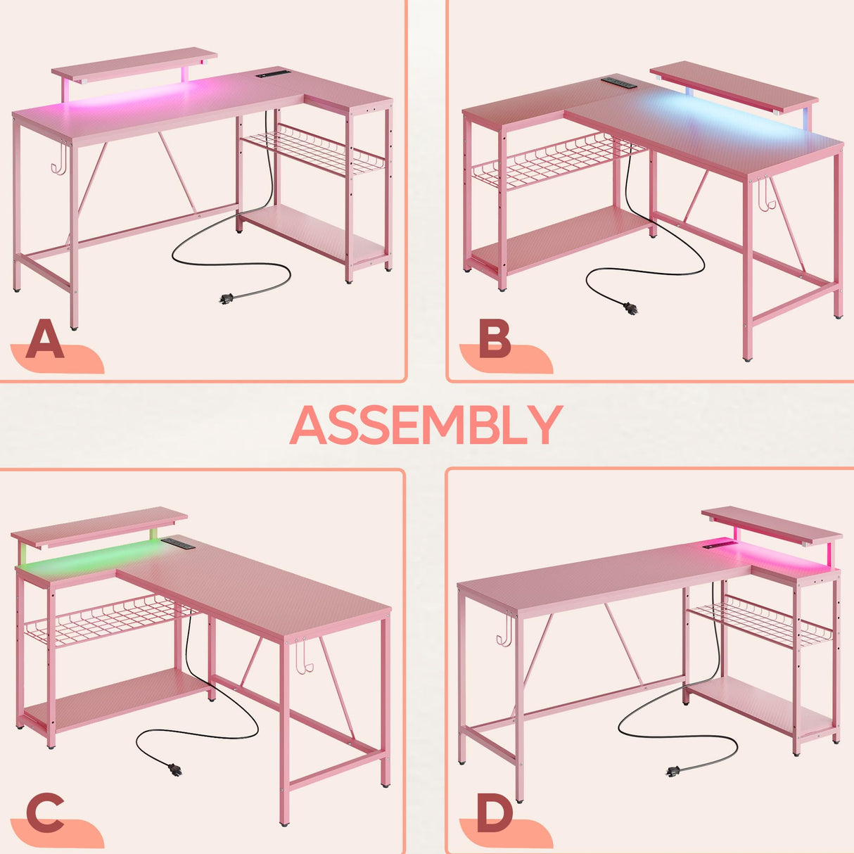 Bestier 52" Gaming Desk with Integrated Power Outlet & USB Ports, L-Shaped Computer Desk with LED Strip & Headphone Hooks, Perfect for Home Office Pink Bestier