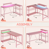 Bestier 52" Gaming Desk with Integrated Power Outlet & USB Ports, L-Shaped Computer Desk with LED Strip & Headphone Hooks, Perfect for Home Office Pink Bestier