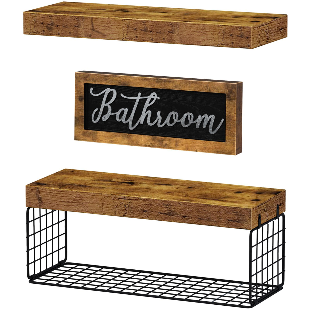 QEEIG Bathroom Furniture Sets, Shelves Over Toilet Bathroom Decor Farmhouse Decorations Aesthetic Décor Sign Small Wall Shelf 2+1 Set 16 inch, Rustic Brown QEEIG