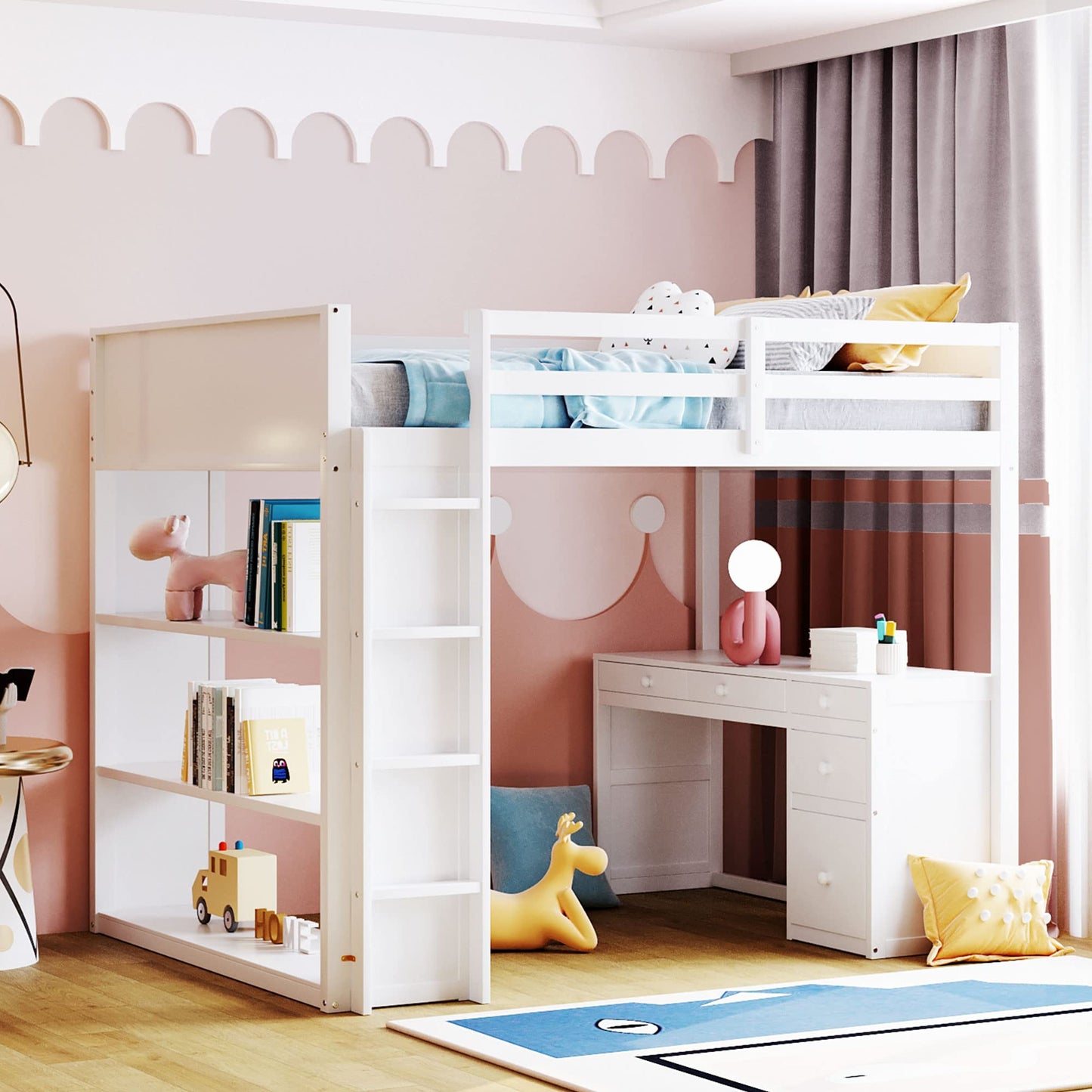 White Full Loft Bed with Desk, Bookshelf, and Storage Drawers by Harper & Bright Designs