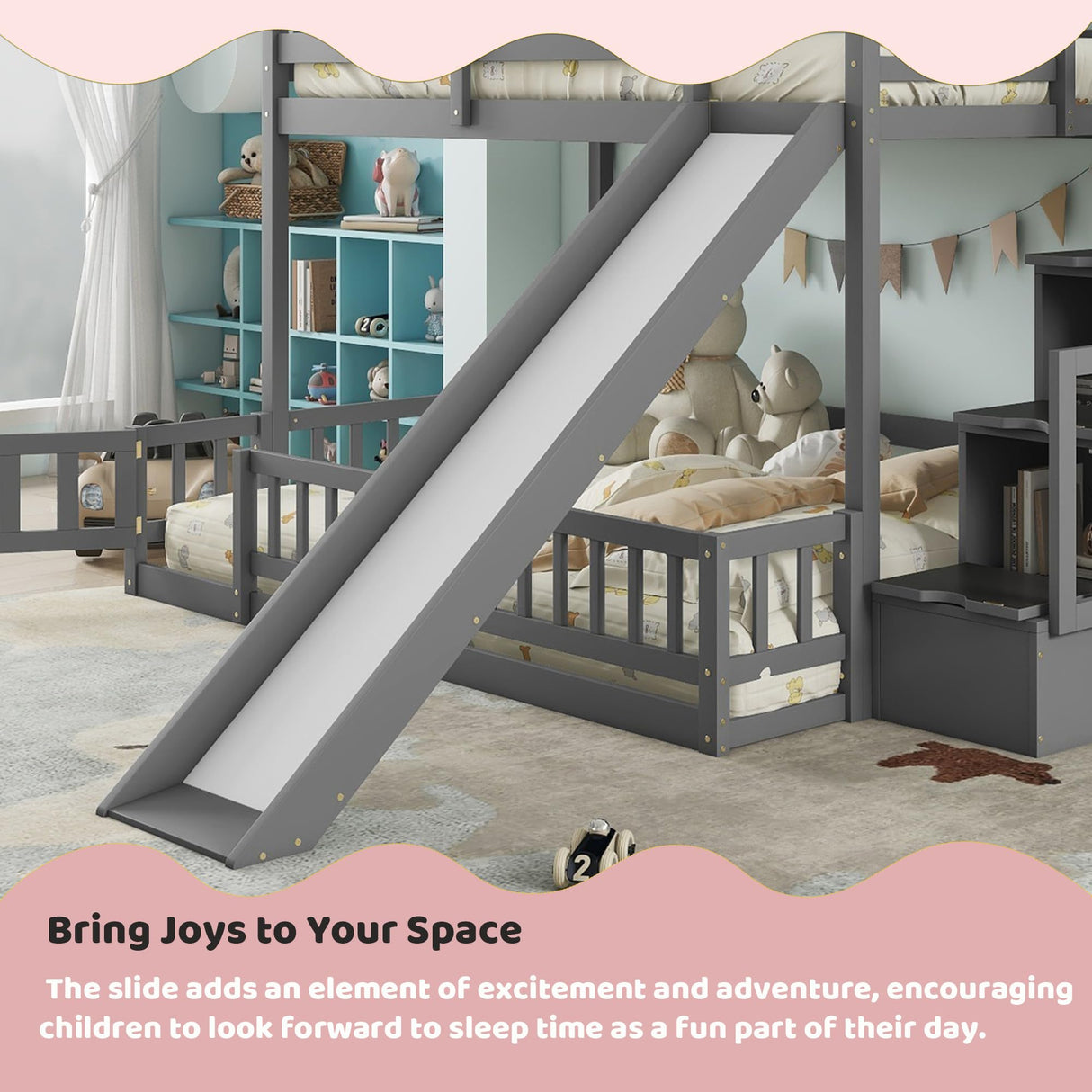 Duxelifin Twin Over Full Bunk Beds with Slide and Stairs, Low Bunk Bed Frame with Rails, Convertible Wood Bunk Bed with Storage Staircase for Kids Boys Girls, Gray Duxelifin