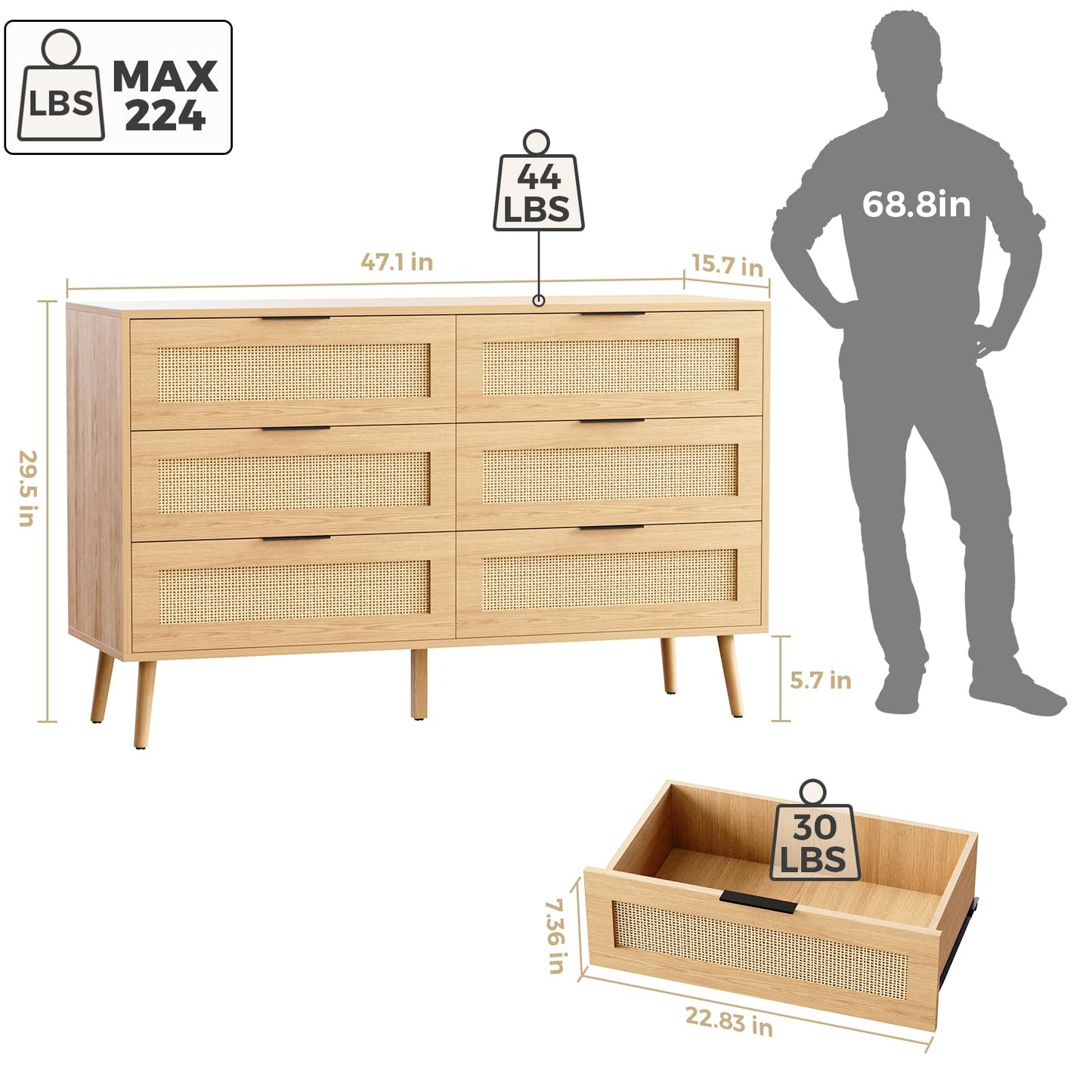 MAISONPEX Wooden Dresser for Bedroom, Natural Rattan Dresser with Drawers, 6 Drawer Chest of Drawers, Double Dressers Chest for Nursery, Hallway, Living Room - WoodArtSupply