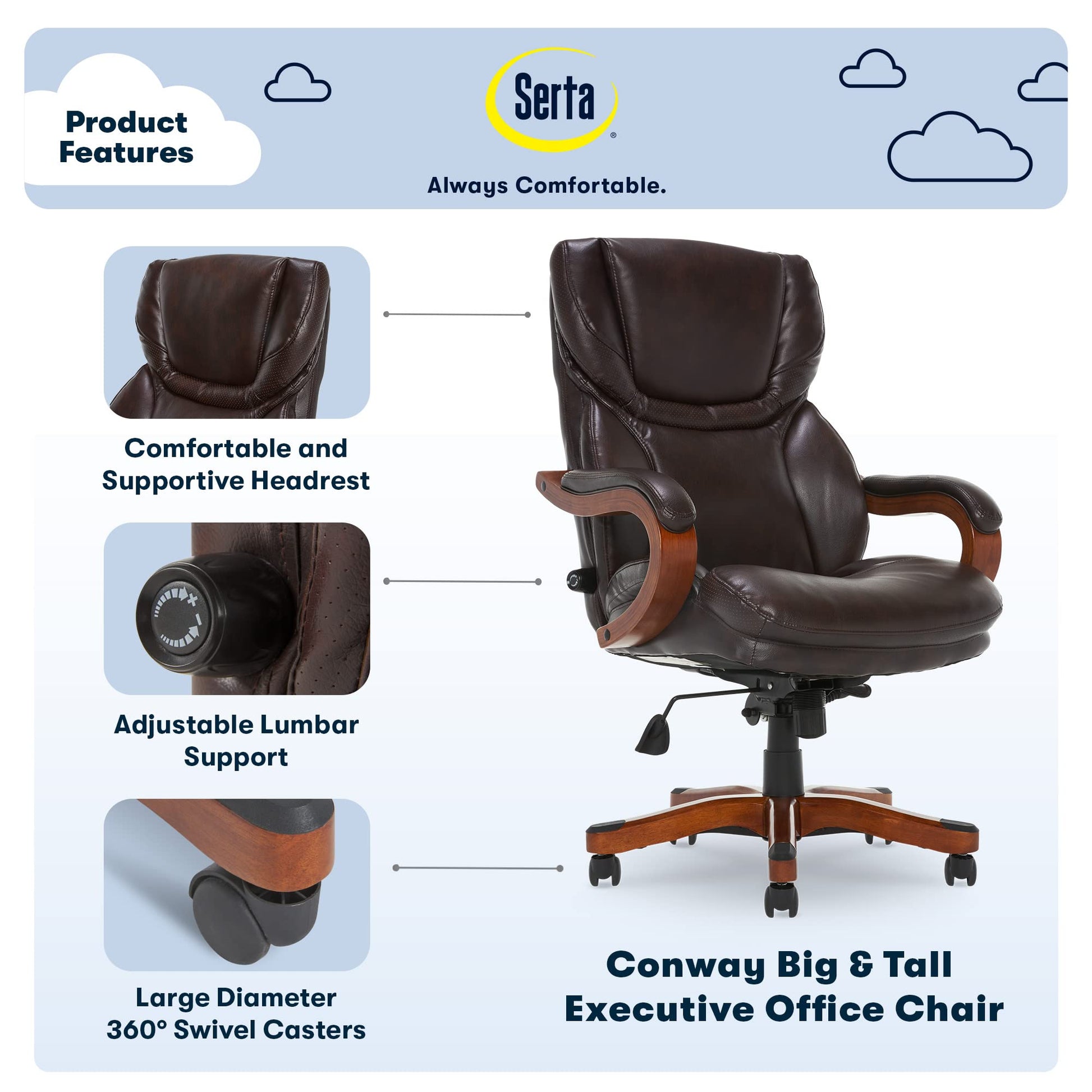 Serta Big and Tall Executive Office Chair with Wood Accents, Adjustable High Back Ergonomic Computer Chair with Lumbar Support, Bonded Leather, Brown - WoodArtSupply