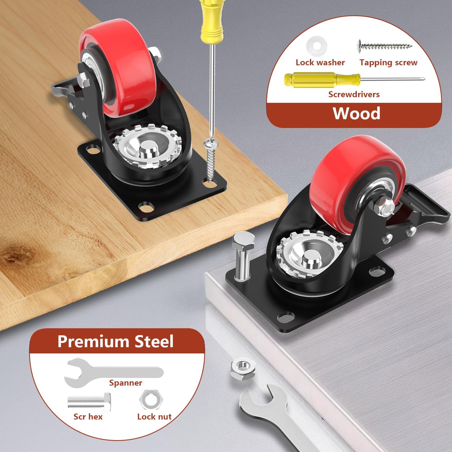 2 Inch Caster Wheels 600lbs Heavy Duty, Casters Set of 4 with Brake,Locking Industrial Swivel Top Plate Casters Wheels for Furniture and Workbench Cart(Two Hardware Kits Include)