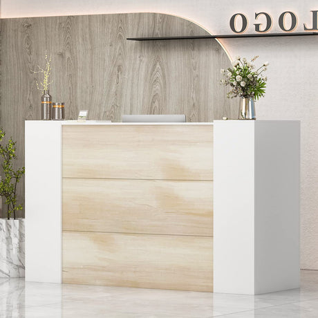 AIEGLE Large Reception Desk with Counter, Retail Counter with Private Lockable Storage & Adjustable Shelves, for Salon Reception Room Checkout Office, Natural and White (70.9" W) AIEGLE