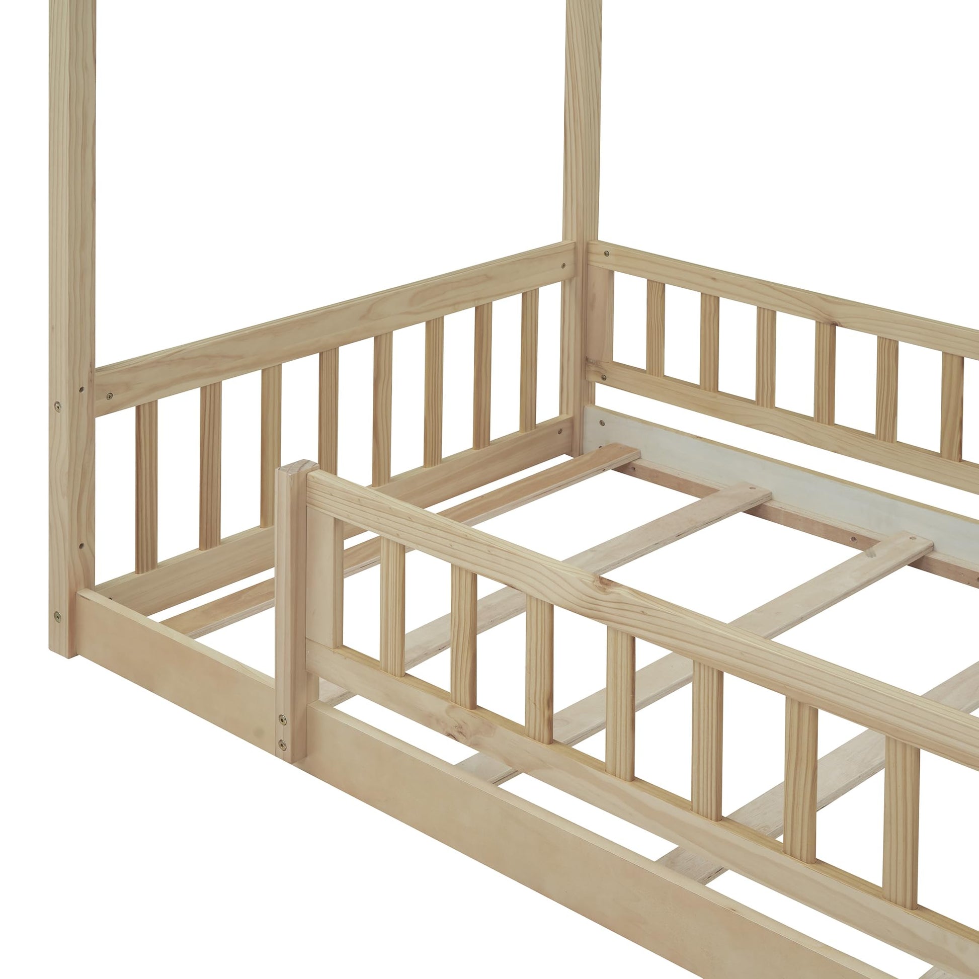 Harper & Bright Designs Twin Montessori Floor Bed with Fence Railing – Natural Wood Frame for Kids - WoodArtSupply