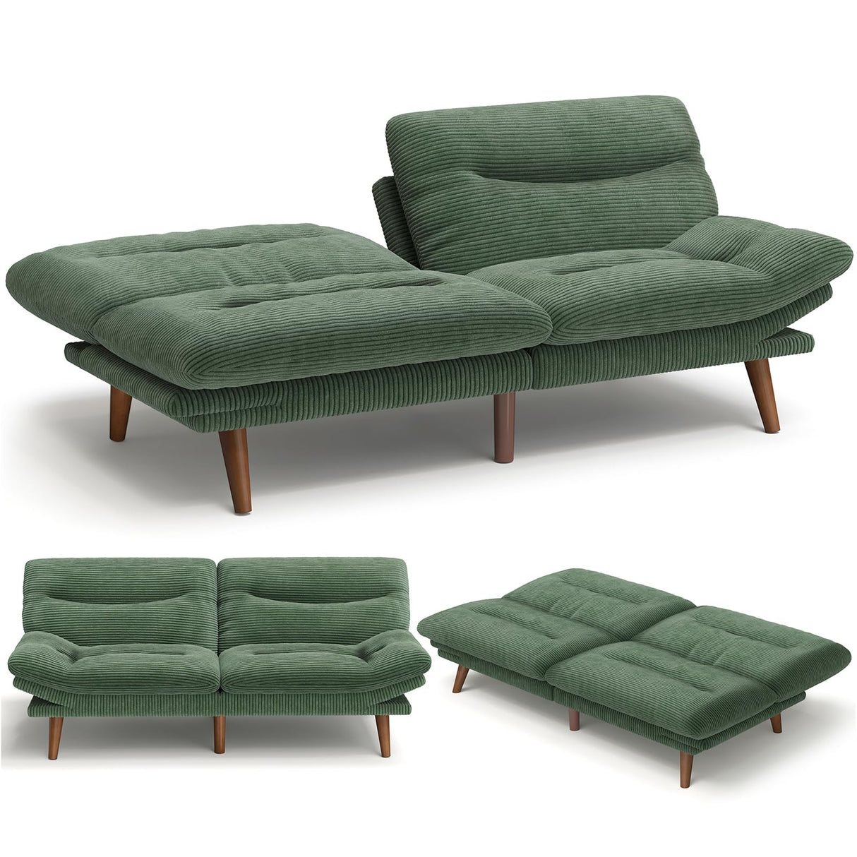 AMADA 66"Convertible Futon Sofa Bed, Corduroy Folding Futon Set with Adjustable Backrest &Armrests, Recliner Lounge for Living Room, Apartment or Office, Solid Wood Frame, Loveseat Sofa -Forest Green AMADA HOMEFURNISHING